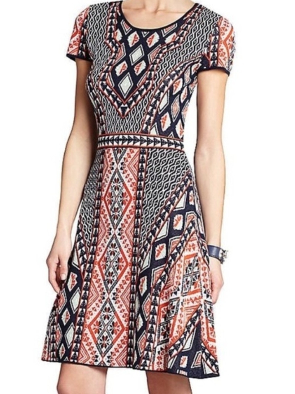 BCBGMaxAzria Navy and Coral Geometric Fit & Flare Dress